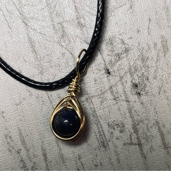 Lapiz Lazuli Pendant Hand Wire Wrapped With Gold Pl Wire - Picture 3 of 7